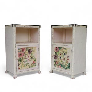 Pair of Vintage Loom Style Bedside Cabinets - Woven Fibre with Floral Panels