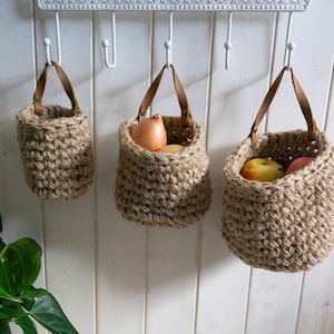Handmade Jute Wall Basket Set: Boho Hanging Storage with Leather Straps