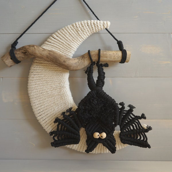 Spooky Bat / Halloween Decoration  / Macrame Bat Wall Hanging / Black Bat with a Moon / Door Hanger / Spooky Season / Goth Decor