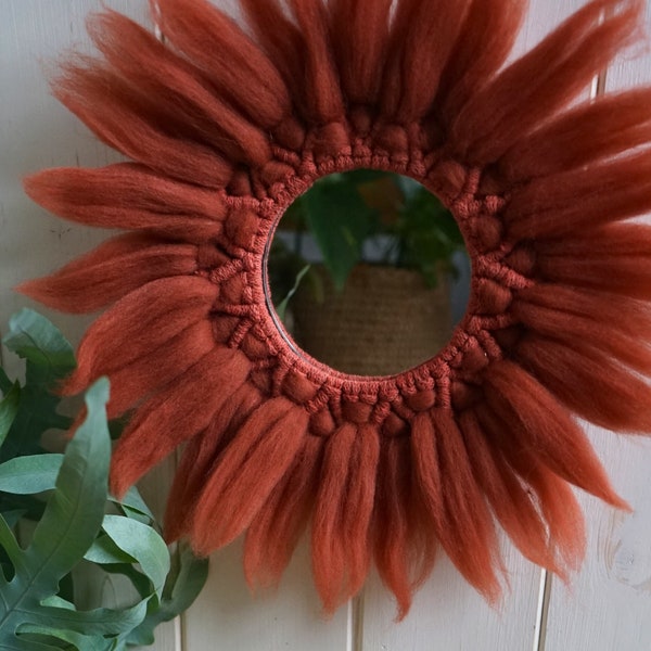 Unique Round Mirror / Rustic Macrame Mirror with Merino Wool / Mandala Wall Hanging / Bohemian Home Decoration / Merino Wool /Elegant Mirror