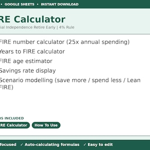 May include: A digital FIRE Calculator spreadsheet for Excel and Google Sheets. The interface features a white box with dark green text listing features: FIRE number, years to FIRE, age estimator, savings rate, and scenario modelling. Tabs include FIRE Calculator and How To Use.