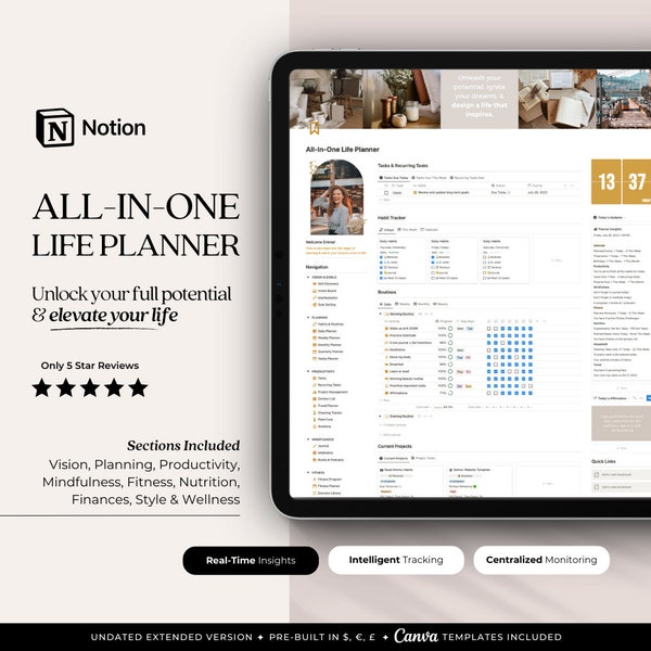 All-In-One Life Planner Notion Template, Undated | Planner, Goals, Mindfulness, Manifestation, Fitness, Nutrition, Finance, Style & Wellness