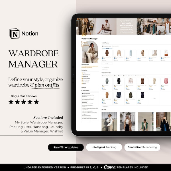 Wardrobe Manager Notion Template | Virtual Closet, Define Style, Plan Outfits, Packing Lists, Handbags, Laundry Chores, Build Wishlists