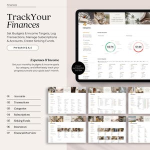 May include: A screenshot of a computer screen showing a budgeting and financial tracking software. The software has a clean, modern design with a white background and gold accents. The screen displays various sections, including categories, accounts, transactions, and a financial overview. The software also includes a fully automated system for tracking expenses and income.