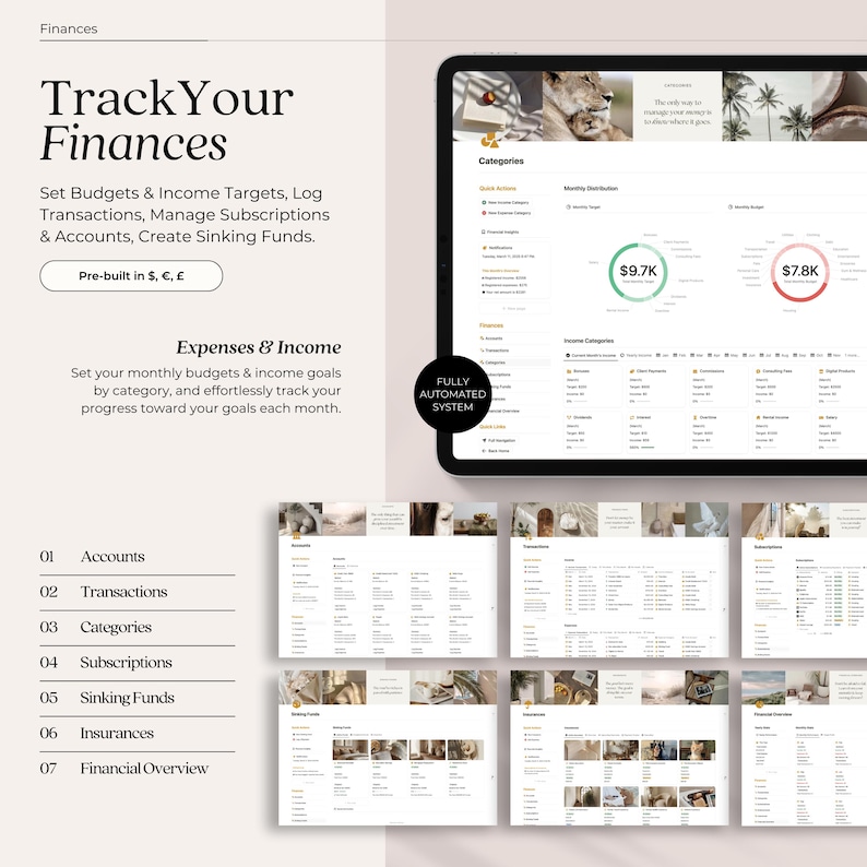 May include: A screenshot of a computer screen showing a budgeting and financial tracking software. The software has a clean, modern design with a white background and gold accents. The screen displays various sections, including categories, accounts, transactions, and a financial overview. The software also includes a fully automated system for tracking expenses and income.