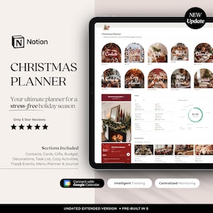 modèle de conception de planificateur de Noël | Planifiez des vacances sans stress | Gérer la liste des contacts, les cadeaux, les cartes, les décorations | Ajouter des voyages et organiser des événements
