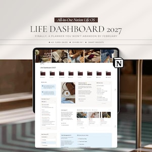 Puede incluir: Un planificador digital Notion Life Dashboard 2027 mostrado en la pantalla de una tableta. La interfaz presenta ocho iconos de carpetas de color marrón oscuro, secciones de gestión de tareas, rastreadores de áreas de vida.