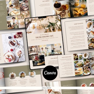 Plantilla de guía de precios y menú de cafeterías y restaurantes para Canva / Menú de comida editable en formato digital o impreso / Lista de precios de cafeterías y panaderías / 16 páginas