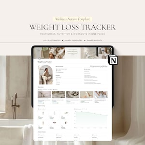 Könnte beinhalten: Eine digitale Notion-Vorlage für einen Gewichtsverlust-Tracker auf einem Tablet-Bildschirm. Die Benutzeroberfläche enthält Bereiche für Ziele, Ernährung, Workouts und Gewichtsverlauf-Diagramme mit der Überschrift Wellness Notion Template.