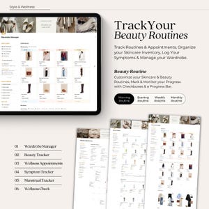 May include: A screenshot of a computer screen showing a digital planner app for tracking beauty routines, wardrobe, and wellness appointments. The app features a calendar, checkboxes, and a progress bar. The text on the screen reads "Track Your Beauty Routines" and "Beauty Routine".