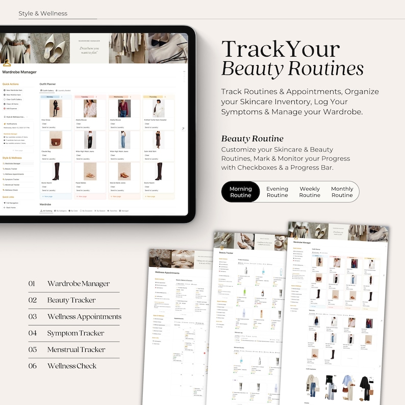 May include: A screenshot of a computer screen showing a digital planner app for tracking beauty routines, wardrobe, and wellness appointments. The app features a calendar, checkboxes, and a progress bar. The text on the screen reads "Track Your Beauty Routines" and "Beauty Routine".