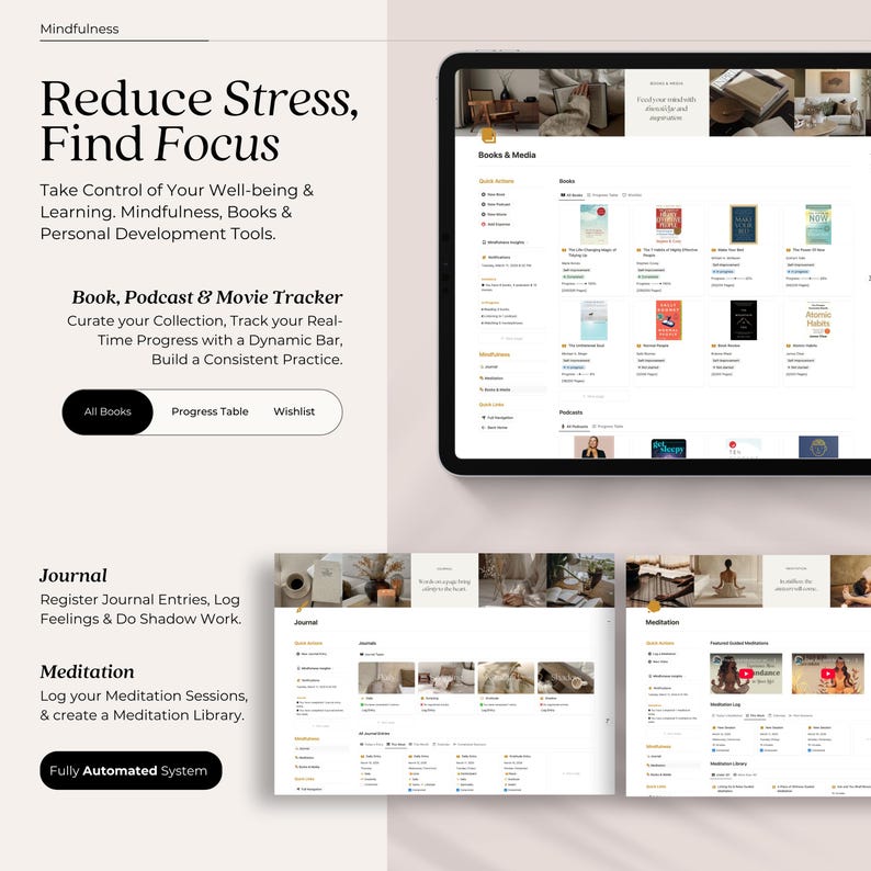 May include: A website screenshot showing a digital tool for mindfulness, stress reduction, and focus. The website features a book, podcast, and movie tracker, a journal, and a meditation log. The website is designed to help users take control of their well-being and build a consistent practice.