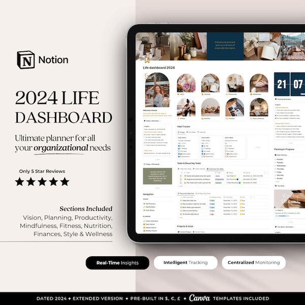 Life Dashboard 2024 Notion Template | All in one | Planner, Goals, Mindfulness, Manifestation, Fitness, Nutrition, Finance, Style & Wellness