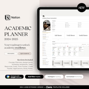 Planner accademico 2024-2025 Modello di nozione minimalista / Planner per studenti, monitoraggio degli incarichi, quaderno digitale, programma delle lezioni e degli esami