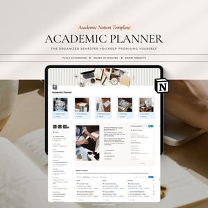 Puede incluir: Una plantilla de planificador académico digital para Notion mostrada en una pantalla de tableta. La interfaz presenta secciones para resumen académico, gestión de cursos y un horario semanal con etiquetas de texto como Academic Planner.