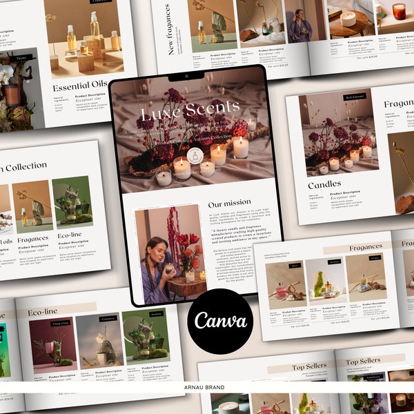 Brand Product Catalog | Pricing Guide Template for Canva | Editable Digital or Print Line Sheet | Candle Product Magazine with Price Display