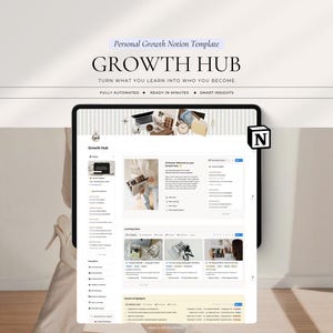May include: A digital Notion template titled Growth Hub, featuring a dashboard layout with sections for learning, quotes, and highlights. The interface includes text, icons, and imagery, with a Notion logo icon displayed on the right side of the screen.