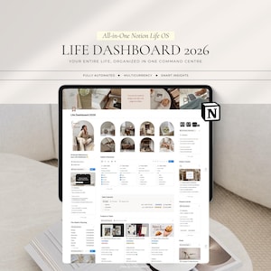 May include: A digital Notion Life Dashboard 2026 template displayed on a tablet screen. The interface features sections for habits, routines, a main calendar, projects, tasks, an order tracker, and finance corner with a neutral colour palette.