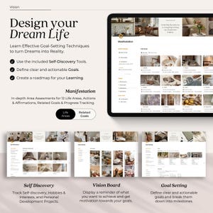 May include: A digital screen displaying a website with the text "Design your Dream Life". The website is divided into three sections: Self Discovery, Vision Board, and Goal Setting. Each section has a description and a grid of images.