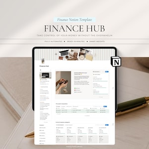 Könnte beinhalten: Eine digitale Notion-Vorlage mit dem Titel Finance Hub auf einem Tablet-Bildschirm. Die Benutzeroberfläche enthält Abschnitte für Einnahmen, Ausgaben und Transaktionsverfolgung mit Textüberschriften wie Finance Notion Template und Take Control Of Your Money.