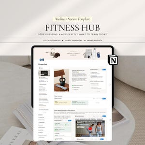 May include: A digital Notion template titled Fitness Hub, featuring a dashboard for workout planning. The interface displays sections for daily exercises, fitness goals, and video tutorials, with text including Wellness Notion Template and Dream, Commit, Achieve.