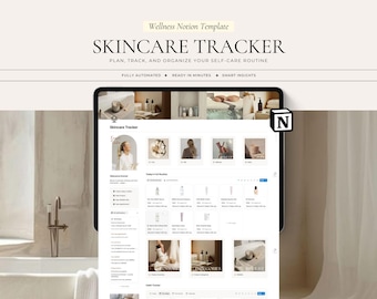 May include: A digital Notion template for a skincare tracker displayed on a tablet screen. The interface features sections for a daily routine, product categories, and habit tracking with text labels including Wellness Notion Template and Skincare Tracker.