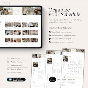 May include: A digital planner app interface with a white background and a grid of images showing different features. The app includes a daily, weekly, monthly, quarterly, and yearly planner. It also has a section for managing events and appointments, an integrated task manager, and a reflection section. The app can be connected to Google Calendar.