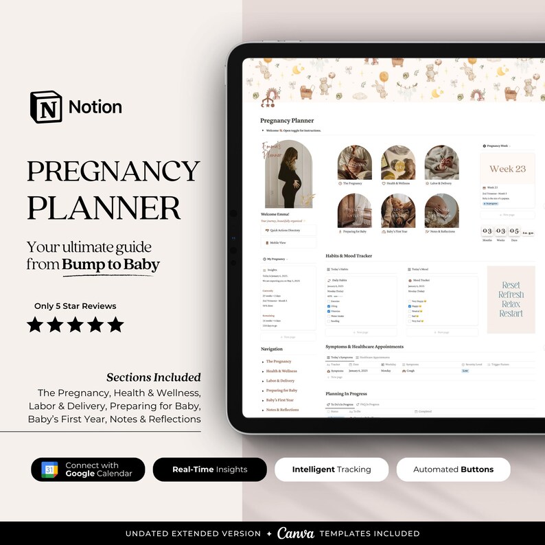 Pregnancy Planner Notion Template Track Trimesters, Birth Plan