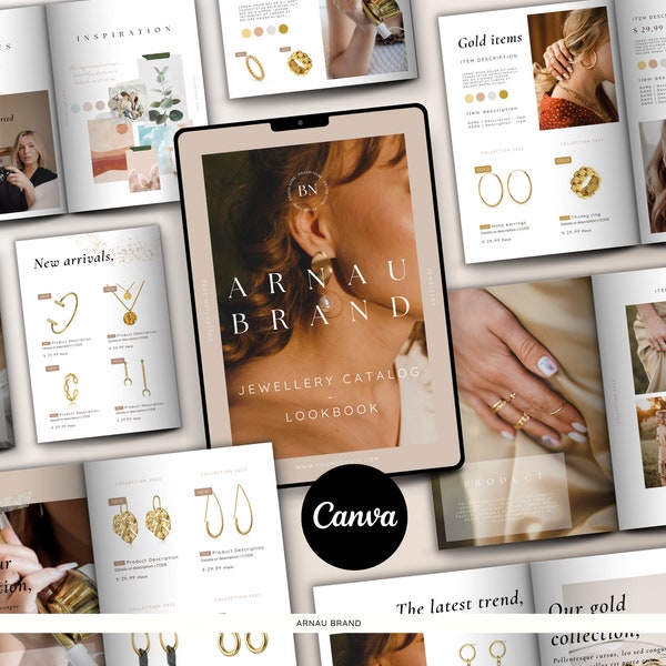 Modèle de catalogue de produits de bijoux pour Canva | Lookbook de vente en gros modifiable | Brochure produit A4, prix de la feuille de ligne | Téléchargement instantané