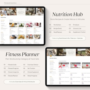 May include: A screenshot of a tablet displaying a fitness and nutrition app. The app has a light gray background with a white menu bar at the top. The menu bar has the words "Fitness & Nutrition" in black text. The app has a variety of features, including a recipe book, a fitness planner, and a nutrition hub. The nutrition hub features a list of recipes, a meal planner, and a grocery list. The fitness planner features a list of workouts, a set tracker, and a body progress tracker.