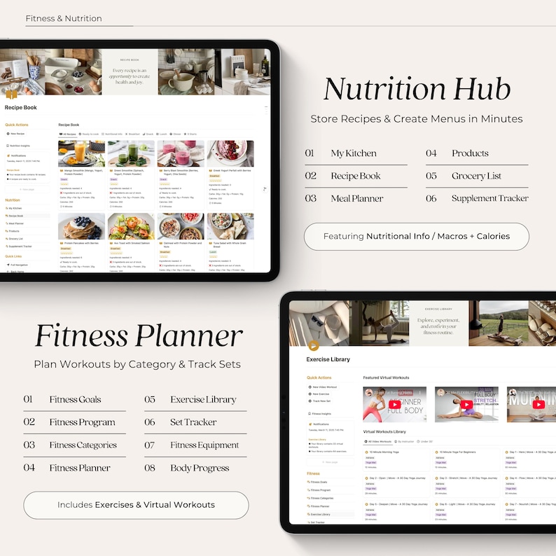 May include: A screenshot of a tablet displaying a fitness and nutrition app. The app has a light gray background with a white menu bar at the top. The menu bar has the words "Fitness & Nutrition" in black text. The app has a variety of features, including a recipe book, a fitness planner, and a nutrition hub. The nutrition hub features a list of recipes, a meal planner, and a grocery list. The fitness planner features a list of workouts, a set tracker, and a body progress tracker.