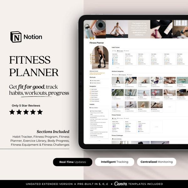 Fitness Planner Notion Template | Track Workouts, Habits, Sets and Reps | Set Goals, Monitor Progress | Improve Self Care & Performance