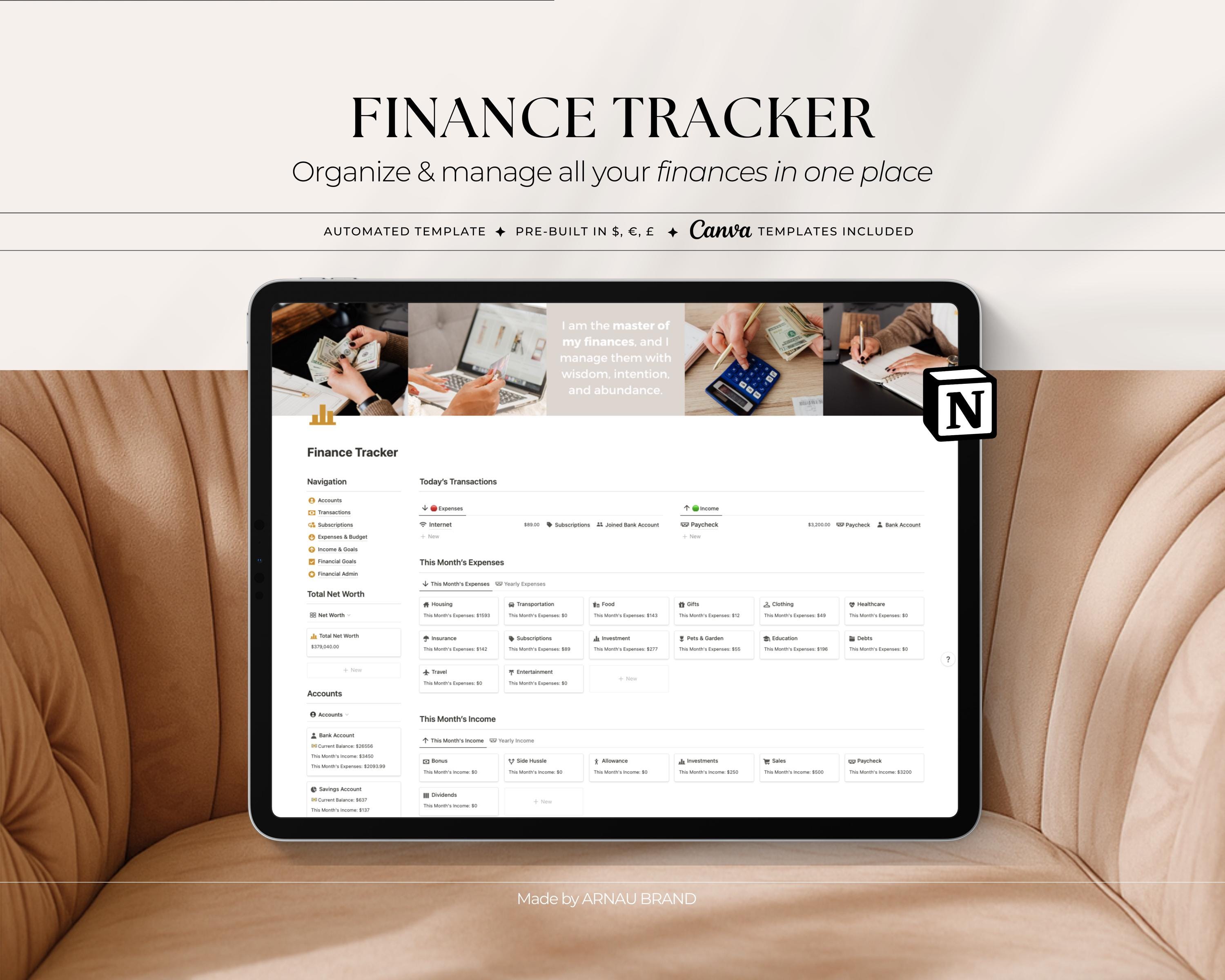 Finance Tracker Notion Template | Personal & Business Financial Planner | Budgets, Income Goals, Log Transactions, Subscriptions, Debt, Tax