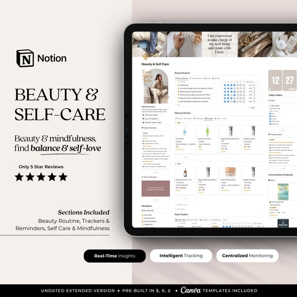 Beauty & Self Care Notion Template | Skincare, Beauty Routine, Self Care Kit, Skincare, Makeup Product Inventory, Beauty Appointments