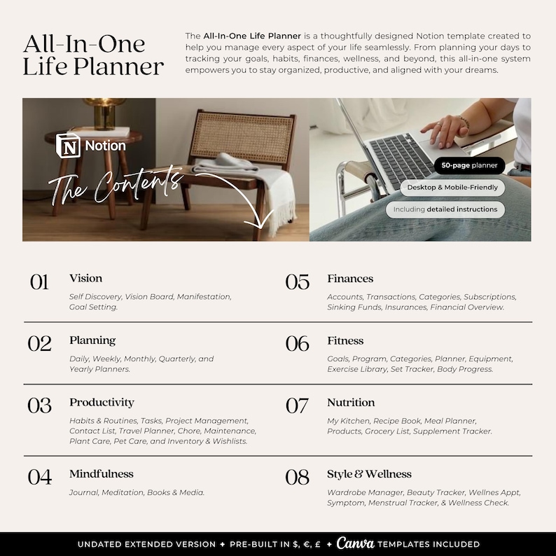 May include: A Notion template for an all-in-one life planner. The template includes sections for vision, planning, productivity, mindfulness, finances, fitness, nutrition, and style & wellness. The template is 50 pages long and includes detailed instructions. It is desktop and mobile-friendly.