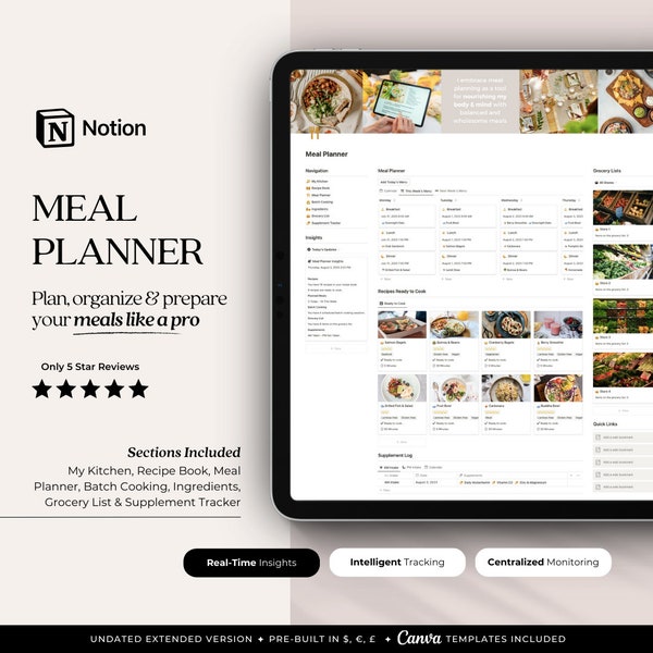 Meal Planner Notion Template | Digital Meal Planner, Recipe Book, Kitchen Manager, Batch Cooking | Generate Grocery Lists, Manage Stock