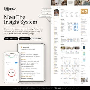 May include: A Notion app interface with a light gray background and a white header. The header text reads "Meet The Insight System". The text "Discover the power of real-time updates - the ultimate solution to effortlessly stay on top of tasks. Now available on every page." is displayed below the header. The app interface is divided into three sections: To-Do & Task Reminders, Inventory Insights, and Interactive Charts. The app interface also includes a notification section with the date and time, a calendar section, and a productivity section. The app interface also includes a section for finances, mindfulness, and registered income. The text "UNDATED EXTENDED VERSION PRE-BUILT IN $, &euro;, &pound; Canva TEMPLATES INCLUDED" is displayed at the bottom of the image.