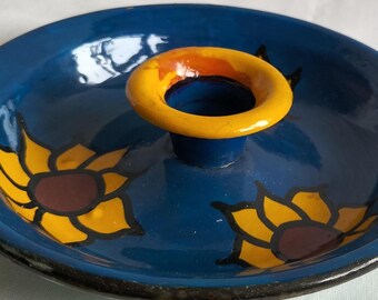Enamelled sunflower saucer candlestick with handle