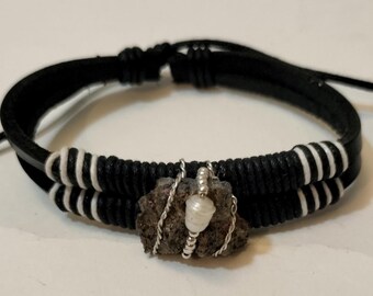 Land sea and sky: unique handmade adjustable bracelet of fulgerite, pearl and sterling silver