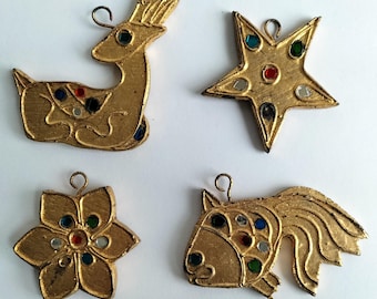 Four sweet double sided Christmas tree ornaments in painted wood