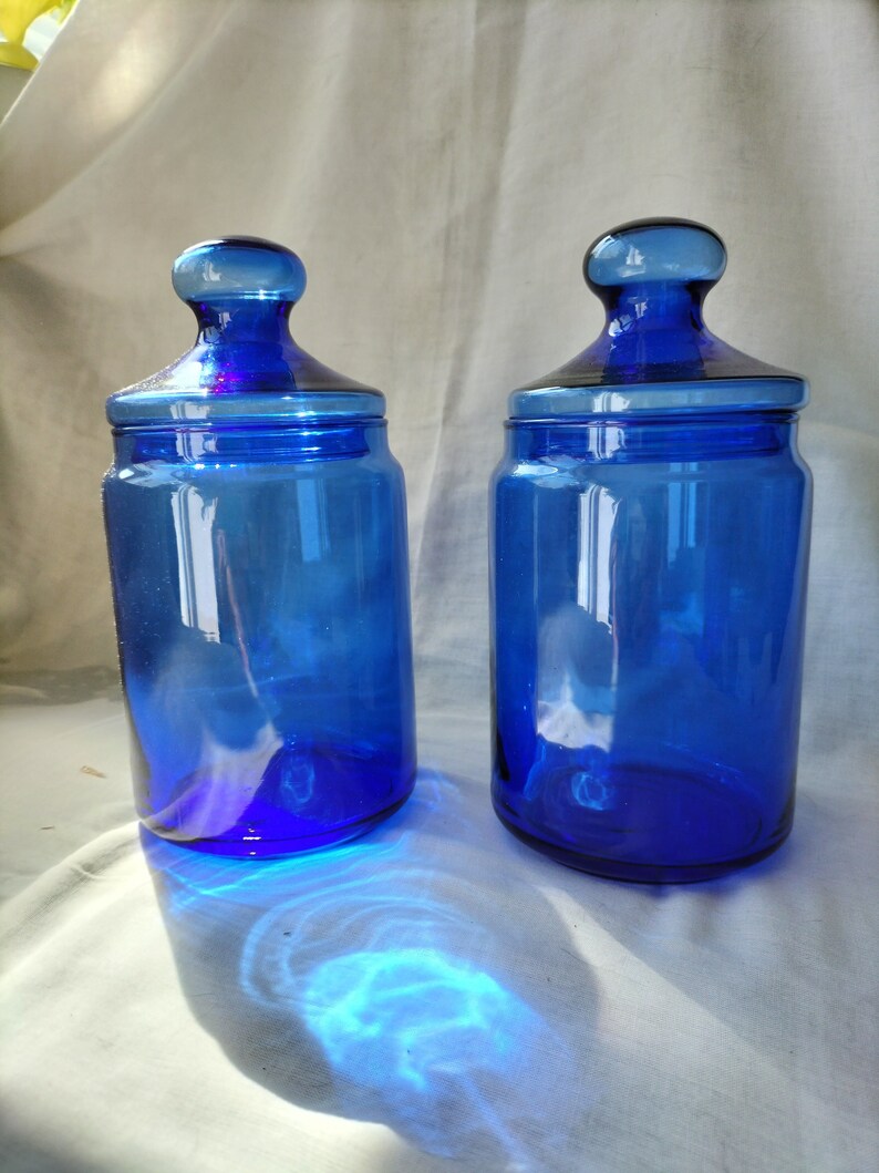 Pair Large Blue Glass Kitchen Canisters