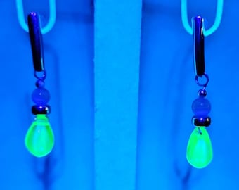 Unique handmade drop earrings using vintage uranium glass and elements from recycled jewelry