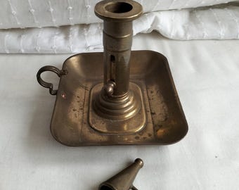 Unusual Georgian brass chamber candle holder with slider and detatchable snuffer