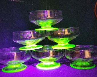 Vintage dessert bowls, 6, with uranium glass bases