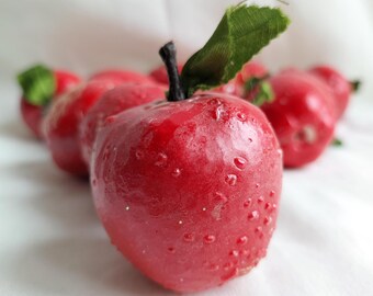 Vintage christmas decorations: 12 red apples with stalks and leaves, laquered