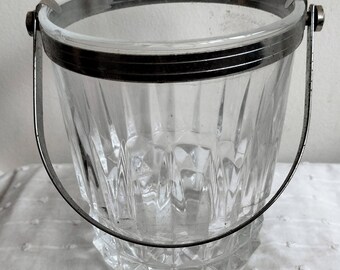 Small cut glass ice bucket with chromed handle