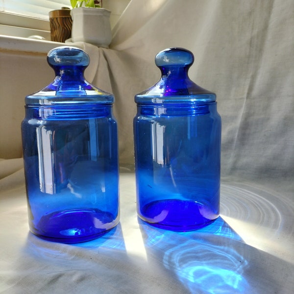 Pair of large apothecary canisters in Bristol blue glass