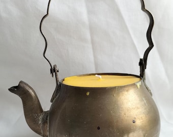 Hand poured and blended citronella candle in vintage brass teapot