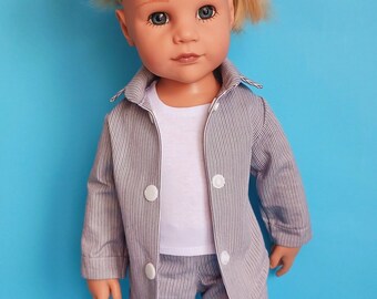 Light gray striped denim set: long trousers with real pockets, long sleeve shirt with collar, white top for Gotz doll 18"/48-50