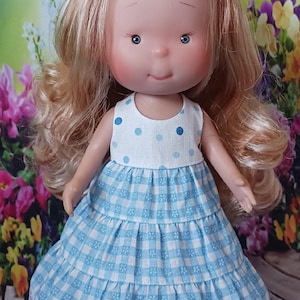 Long Summer Dress with Tiered Skirt and Lace – Fits Mia and Pippa Nines d’Onil Dolls 12&quot; / 30 cm – White with Blue Polka Dots and Gingham